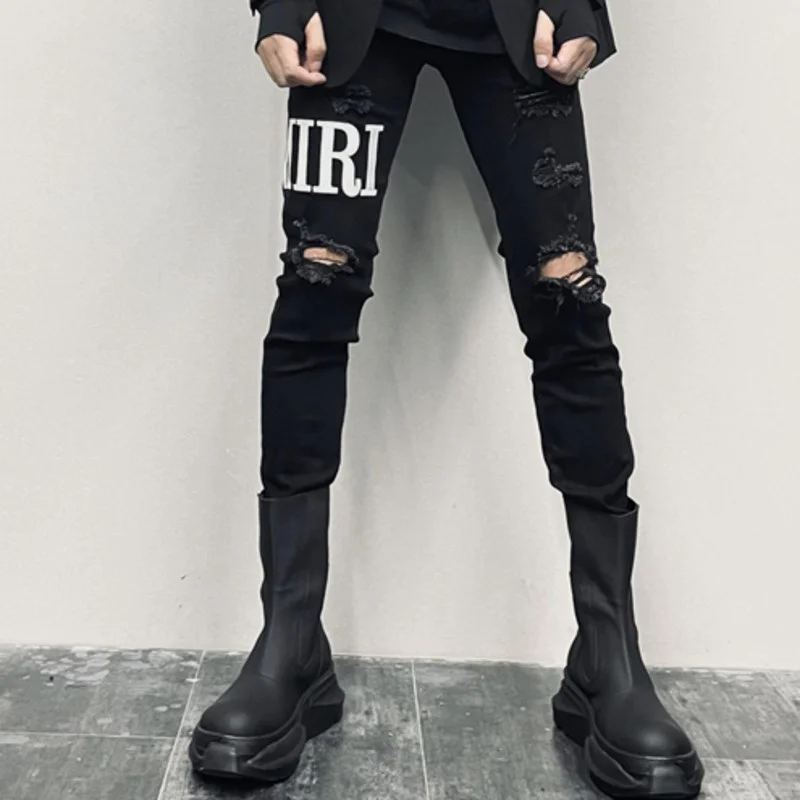 Street High Embroider Letter Jeans Men Fashion Designer Ripped Hole Slim Fit Jeans Trousers Hip Hop 2023 Black Jeans Pants Men