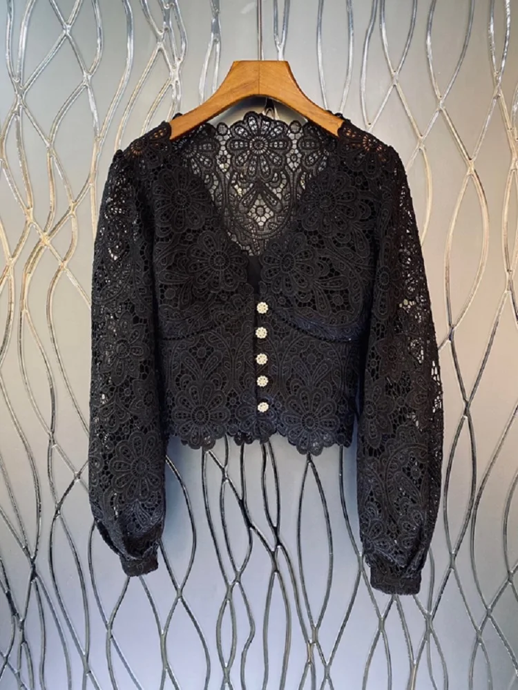 High Quality Lace Blouse 2022 Autumn Style Women V-Neck Allover Crochet Lace Embroidery Beading Deco Long Sleeve Black Tops