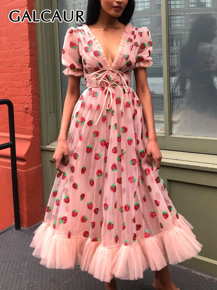 

GALCAUR Mesh Mid Dresses Women V Neck Puff Sleeve High Waist Patchwork Lace Up Hit Color Folds Dress Female Causal Summer New