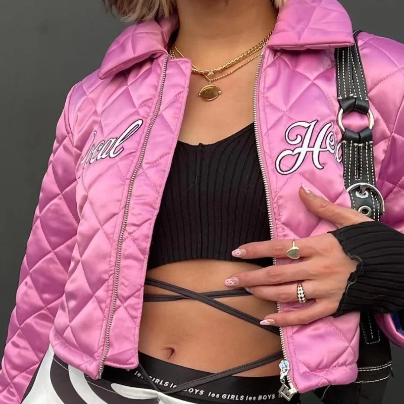 

Letters Embroidery Pink Cotton Coats Women Fashion Zipper Long Sleeve Slim Padded Jacket Outerwears Winter Girls Warm Parkas