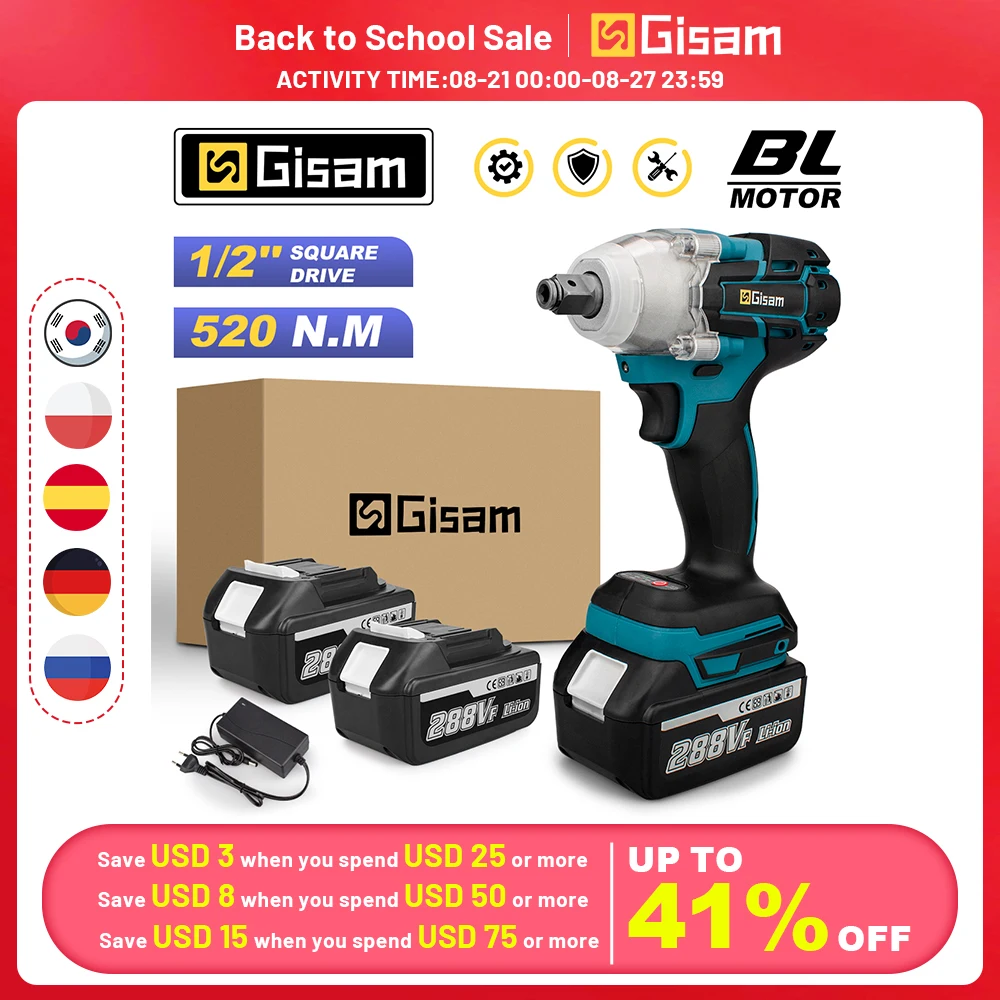 Gisam 520N.M Brushless Electric Impact Wrench Cordless Elect