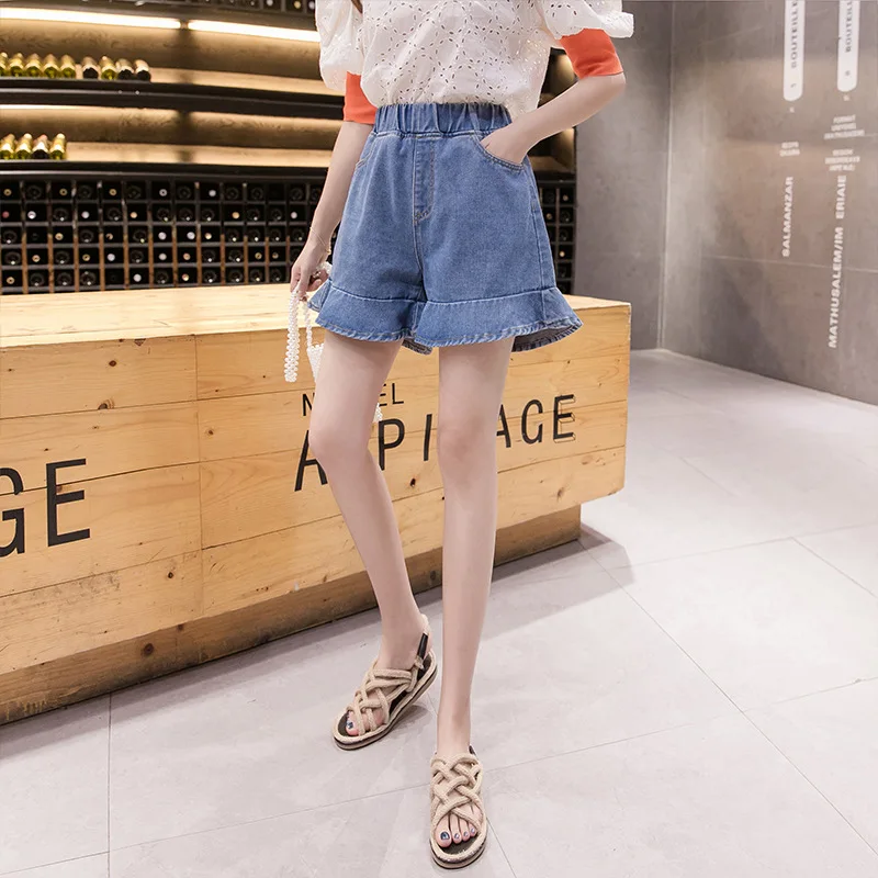 High Waist Ruffle Denim Shorts 2021 Women Casual A-Line Flared Raw Hem Short Fashion New Style Zipper Frayed Short Jeans Blue