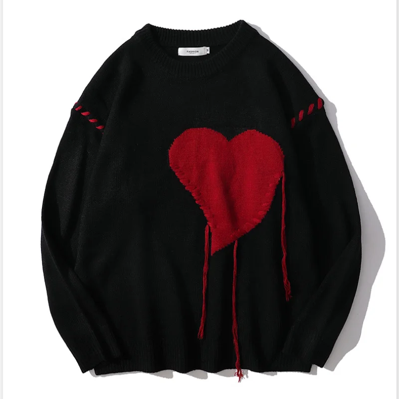 

Knitted Sweater Men Kpop Love Heart Suture Punk Jumper Harajuku Hip Hop Knitwear Women Pullovers Korean Clothes Pull Homme