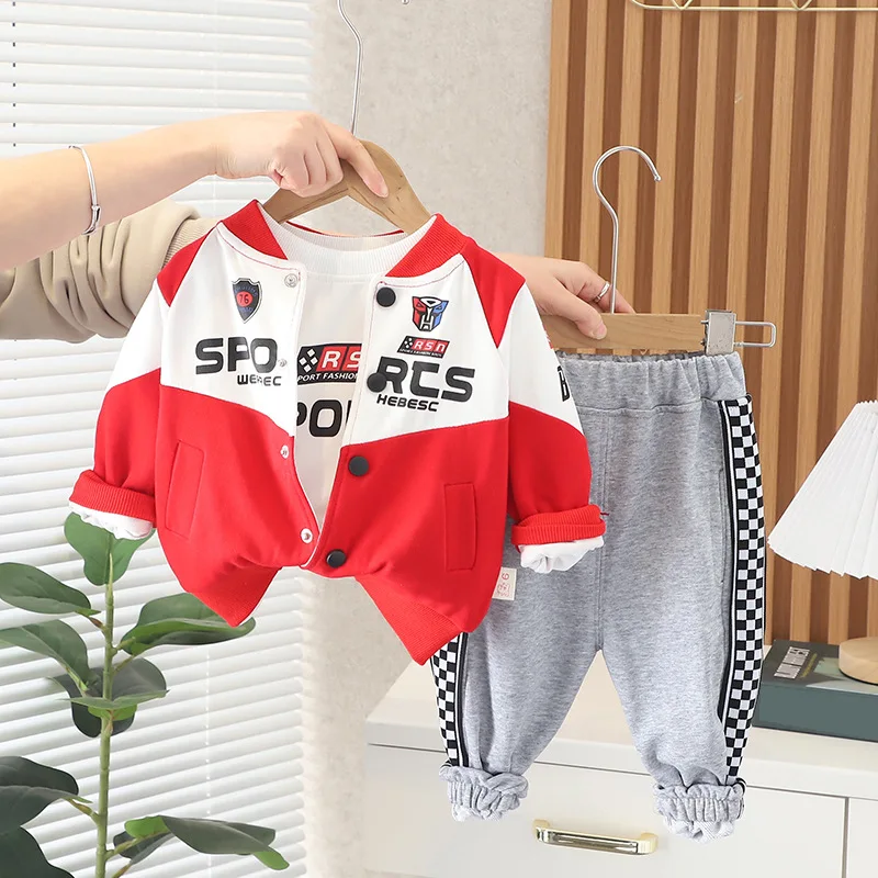 

Infant Boys 2023 Spring Autumn Sports Cardigan Jacket Outwear+Long Sleeve Pullover Round Neck Top+Pants Three Piece Set Kid Suit