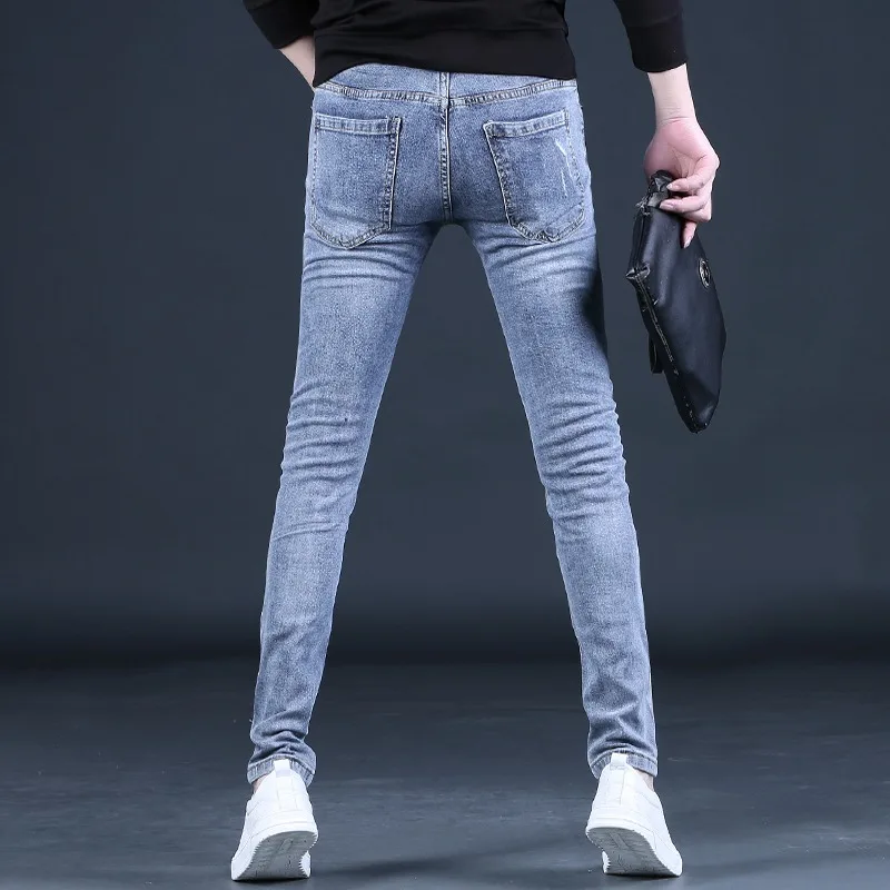 Summer Men Ripped Jeans Streetwear Casual Slim Fit Pencil Pants Korean Style Blue Denim Trousers