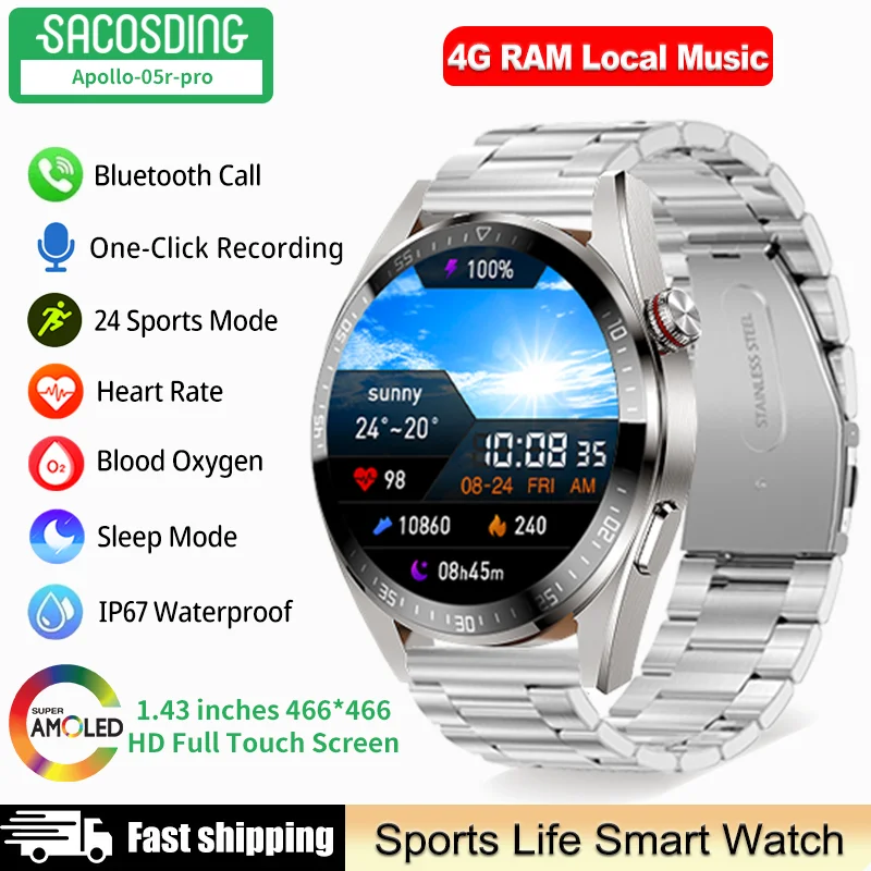 

4GB Local Music Smart Watch Recording Waterproof Sports Amoled Screen Smartwatches Bluetooth Call Smart Watches For Men Android