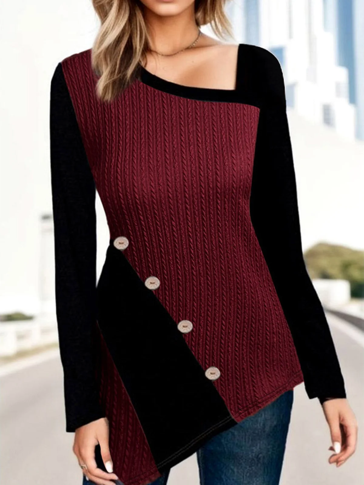 

Color Block Button Elegant Slash Neck Blouse Elegant Women's Blouse Shirt 2023 Autumn Hollow Panel Long Sleeve Office Lady Tops