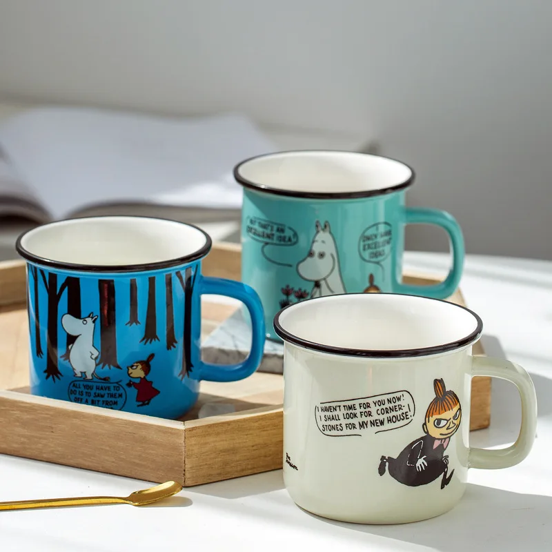 

3 Colors Cartoon Ceramic Mug 300ML Student Breakfast Milk Coffee Cup with Handle Retro Imitation Enamel Mugs Office Gift