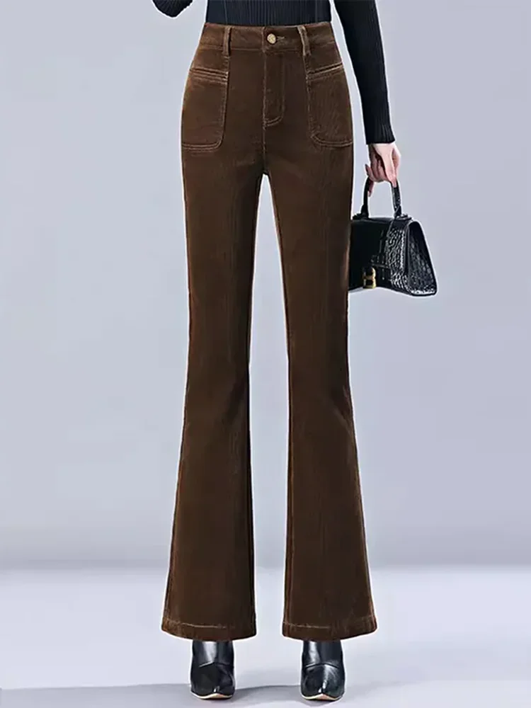 Осенне-зимние теплые облегающие вельветовые расклешенные брюки женские