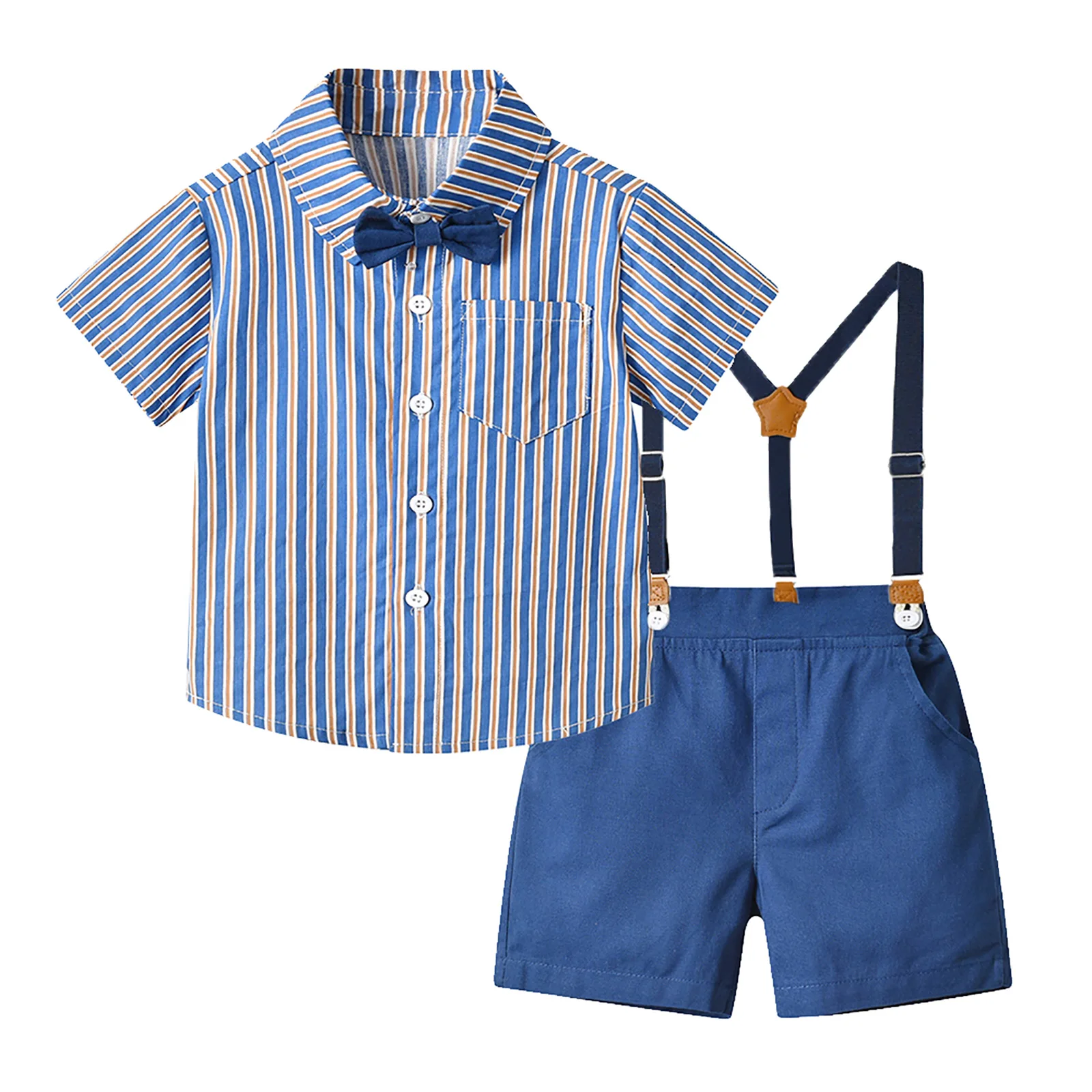 

Baby Boys Gentleman Outfits Bow Tie Short Sleeve Stripe Shirt Elastic Waist Suspender Shorts Overalls Two Piece Set