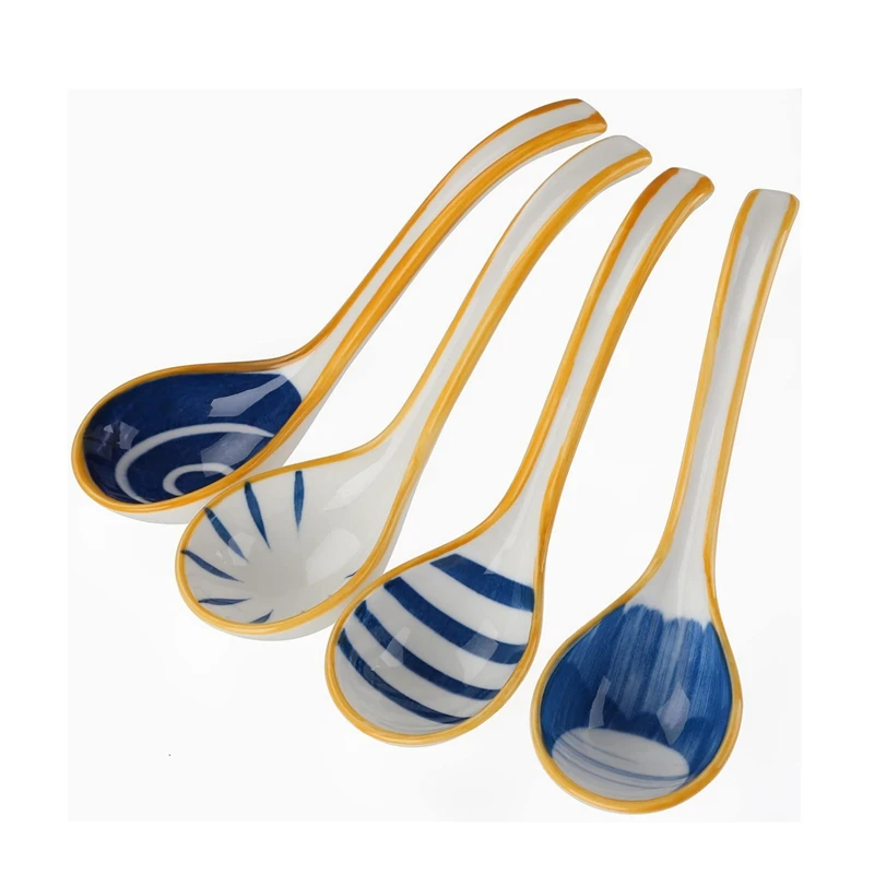 

4 Pcs Large Spoons of Japanese Soup Spoons Ceramics Spoons with Long Handle Serving Gravy, Soup Noodles, Wontons