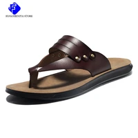 2022 summer new mens leather flip flops brand luxury beach black slippers fashion casual outdoor brown slippers big size 47 hot