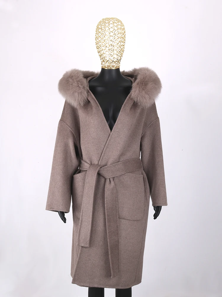 Winter Women Casual Long Jacket Real Fur Coat Genuine Fox Fur Collar Cashmere Wool Blends Streetwear Loose Fashion Outerwear