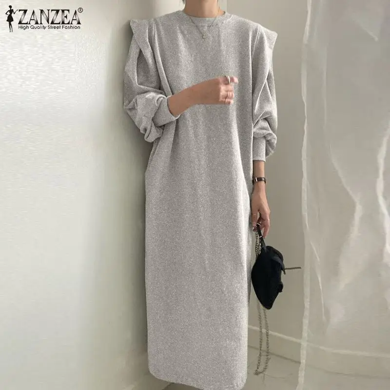 

Женский однотонный длинный сарафан с пышными рукавами ZANZEA, RobeFashion, платье-свитшот с оборками, платье миди в стиле пэчворк