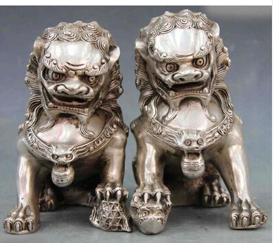 

15CM 2PCS Chino blanco Copper Silver Fengshui Evil Foo perro Kilin valientes tropas par copper decoration factory Pure Brass