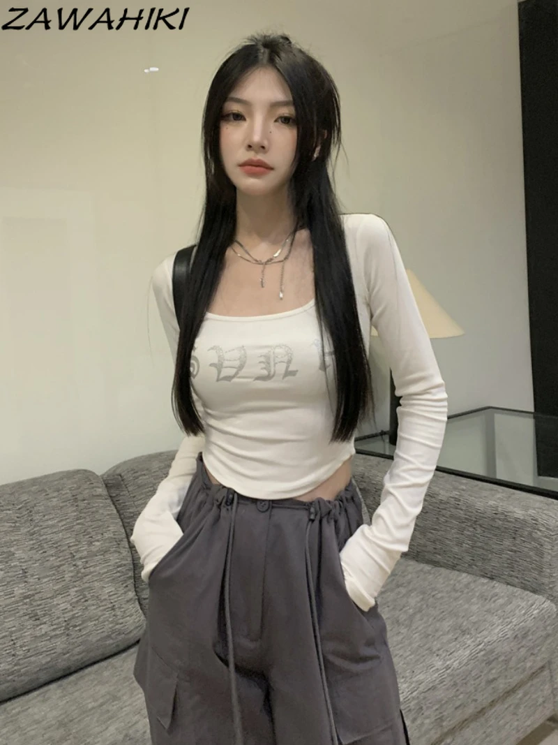 

Zawхиты, квадратный воротник, белая фотография, Женская Осенняя тонкая надпись Kpop, темпераментная эстетика Y2K, подходящие ко всему футболки