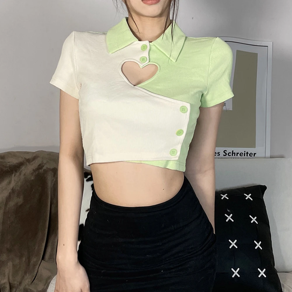 

Женская футболка с коротким рукавом, отложным воротником и пуговицами спереди