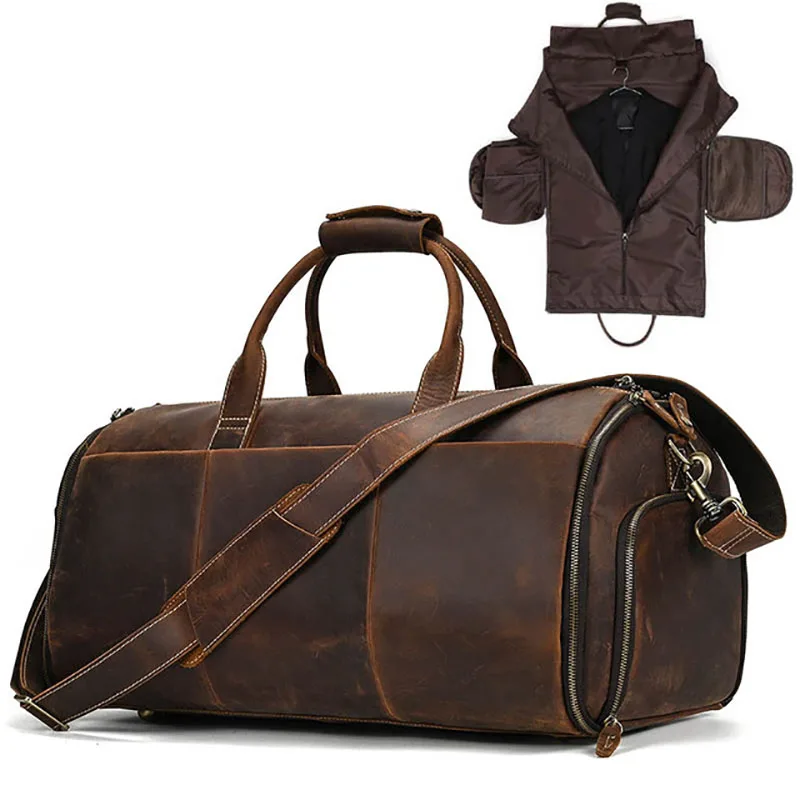 Crazy Horse Leather Folding Suit Bag Man Business Travel Bag