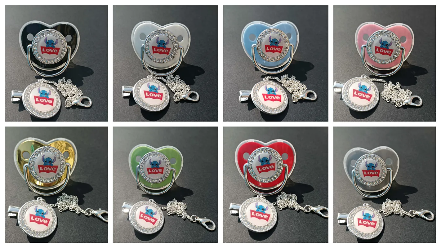 

8 Colors Stitch LOVE Pattern Shiny Baby Pacifier with Clip BPA Free Silicone Baby Pacifier Newborn Dummy Pacifier Chupeta 0-24 M