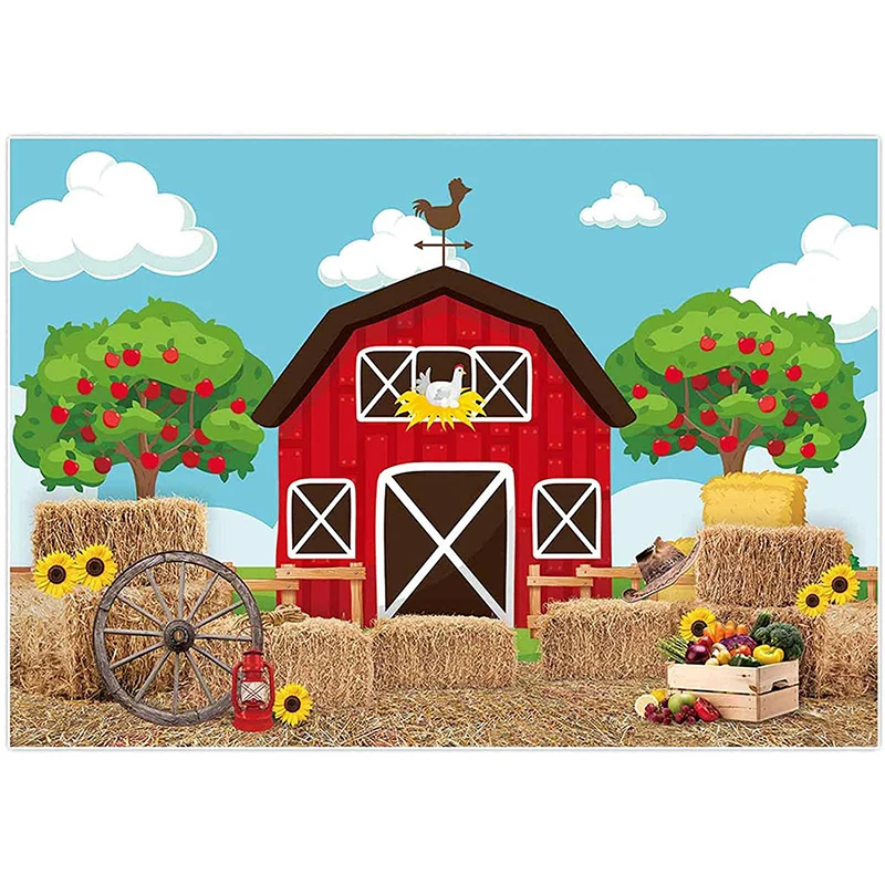 

Cartoon Farm Red Barn Blue Sky Fruit Tree Haystack Backdrop Newborn Baby Shower Birthday Party Banner Background Booth Decor