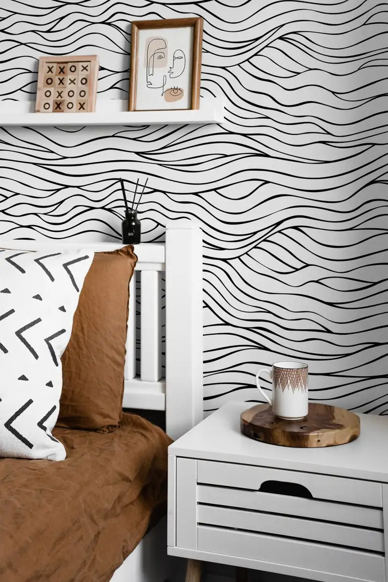 

Modern Minimalist Wave Line Art Wallpaper Black and White Abstract Drawing Wall Mural Peel and Stick Lines Wallpaper
