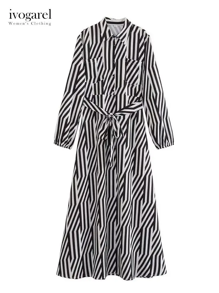 

Ivogarel Chic Black Striped Printed Dress Traf Women's Collared Dress with Long Sleeves Elastic Trims Belt Detail Patch Pockets