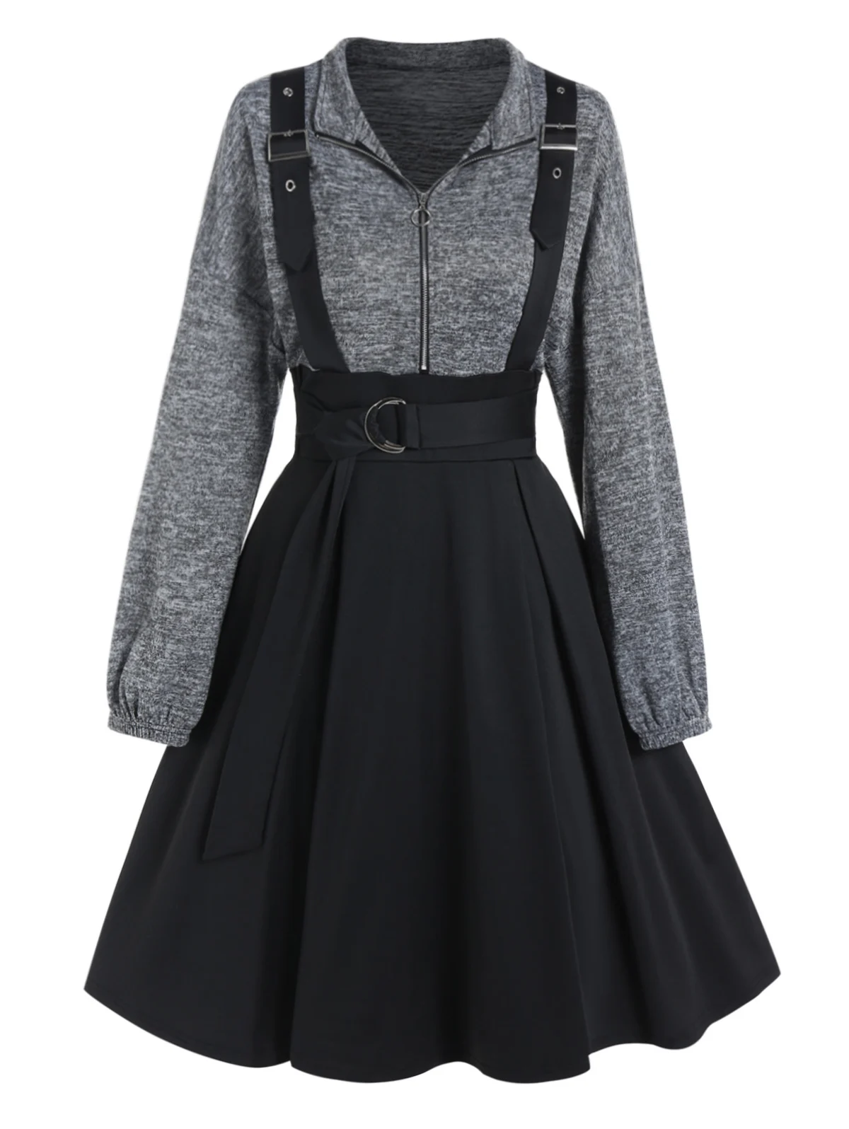 

Women Fake Two Pieces Dresses Autumn Space Dye Half Zipper Self Belted High Waisted A Line Mini Faux Twinset Dress Vestidos 3XL