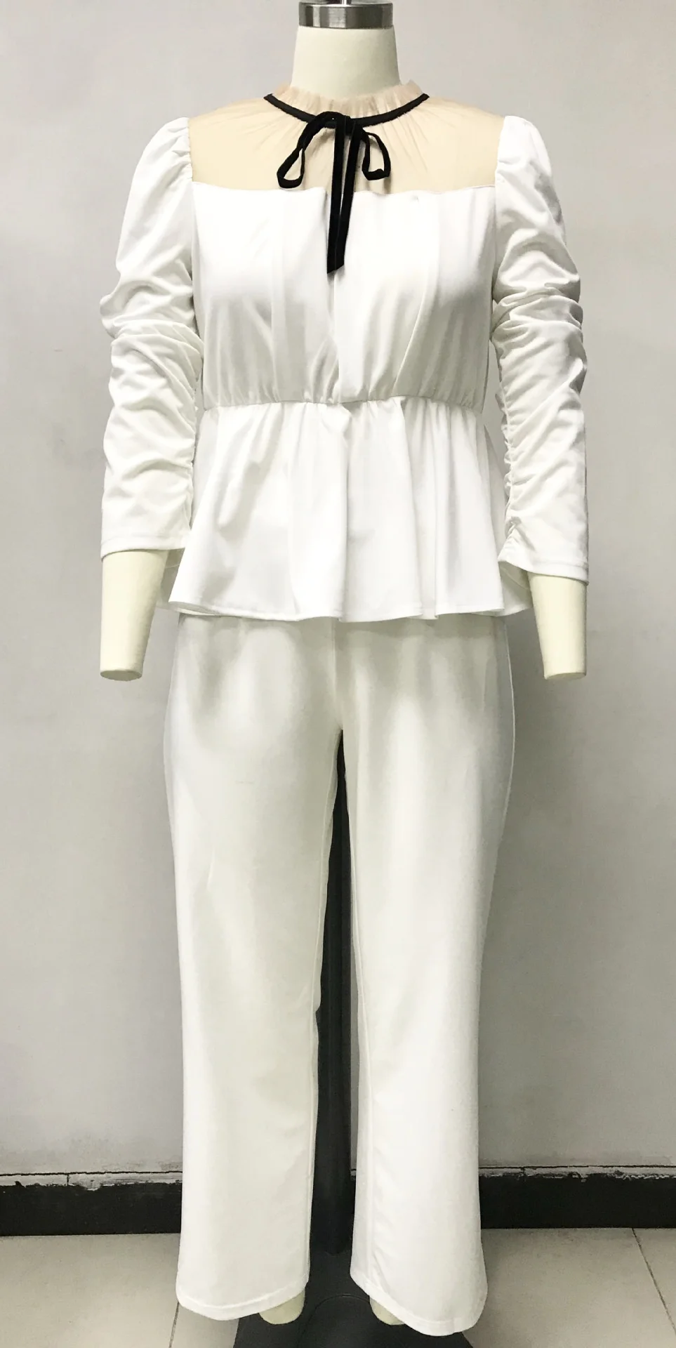 Plus Size Women's Suit New Fashion Large Women's Temperament Splice Mesh Top And Pants White Set Elegant Casual Female Clothes