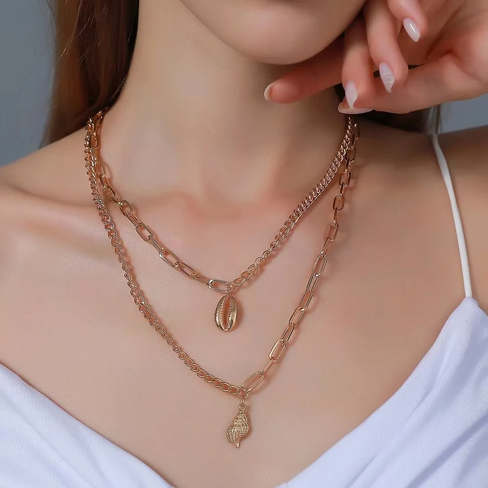 

Hot Golden Double Layer Conch Seashell Necklace for Women Jewelry Summer Beach Shell Choker Bohemian Collar