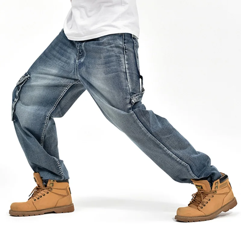 2022 New Japan Fashion Mens Straight Denim Cargo Pants Biker Men Baggy Jeans Loose Blue Jeans with Side Pockets Jeans Men