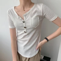 chic t shirts women 2022 summer short sleeve female clavicle round neck hot girl short ladies tops heart buttons pocket t shirt