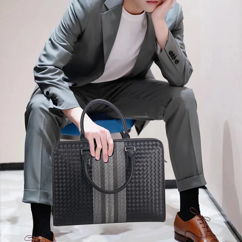 HandBag Men's Leather Luxury Brand Business Briefcase Leather Woven Bag Fashion Shoulder Bag ComputerBag Large Capacity 2023 New