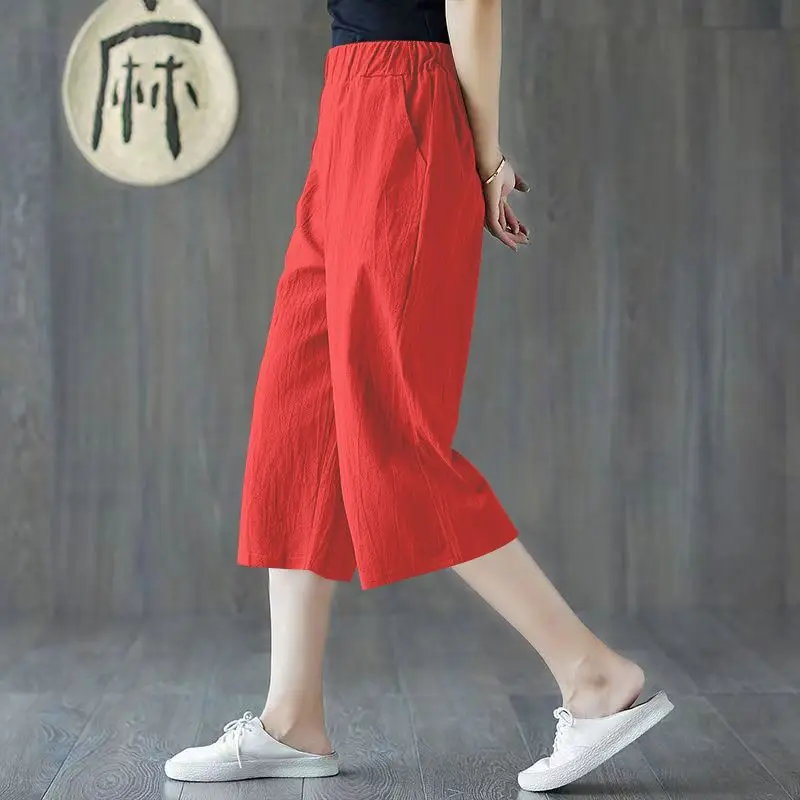 Женские летние простые Модные свободные однотонные укороченные брюки с высокой