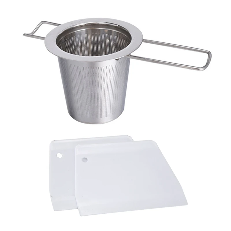 

2X Hard Plastic Pizza Dough Pastry Cake Cutter Scraper & 1Pc Stainless Steel Tea Infuser Filter Long Handle