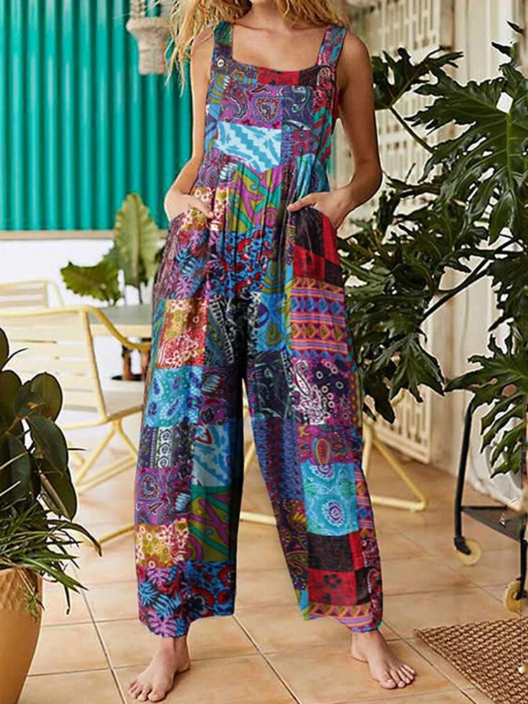 

Vintage Jumpsuit Bohemian Style Fashion Overalls for Woman Strap Wide Leg Long Pants Playsuit Summer Beach Outfits Ladies Romper