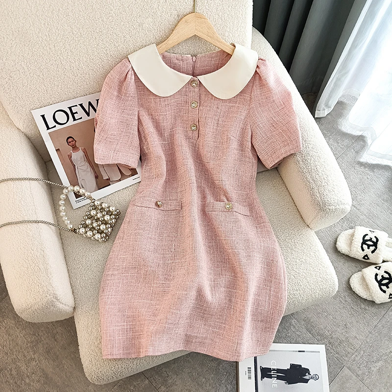 

Limiguyue Pink Cotton Linen Dress Women Mini Straight Dress Summer Vintage Pearl Buttons Peter Pan Neck Vestidos Party Slim J482