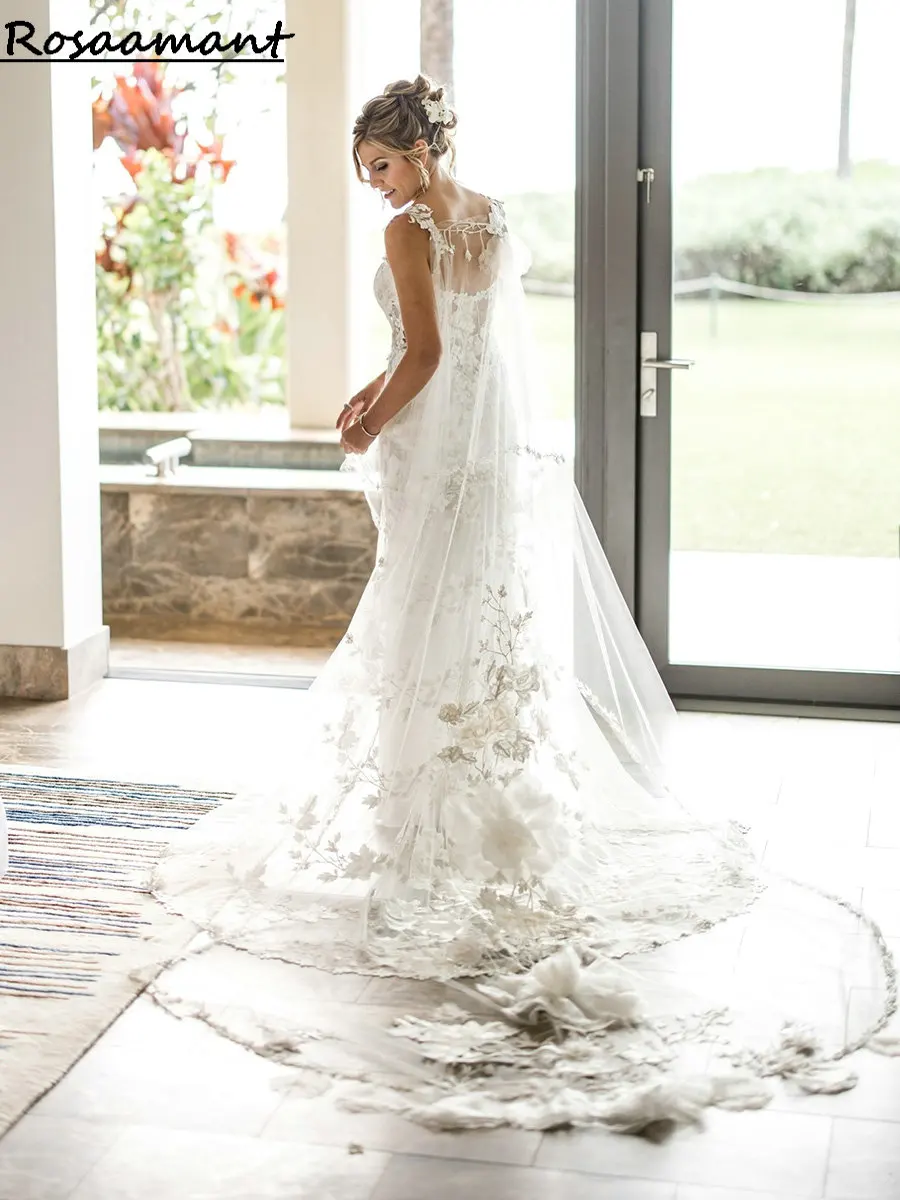 

Romantic 3D Flowers Appliques Lace Mermaid Wedding Dresses With Cape Spaghetti Straps Sleeveless Boho Bridal Gowns
