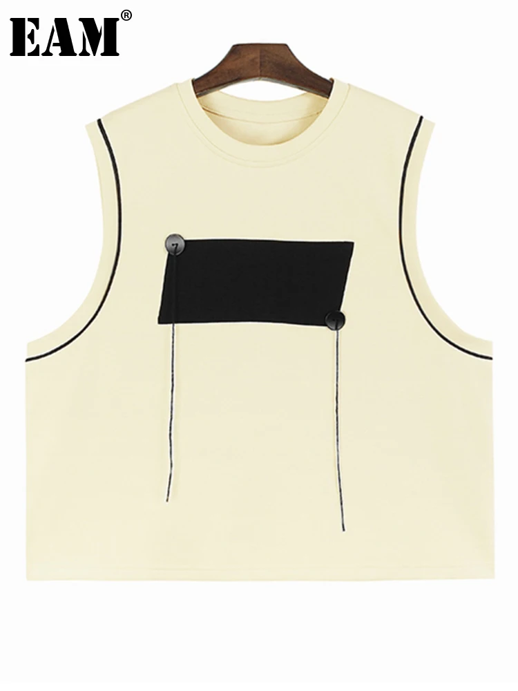 

[EAM] женский свободный Приталенный жилет абрикосового цвета большого размера, новый модный жилет без рукавов с круглым вырезом, весна-осень 2023, 1DH2603