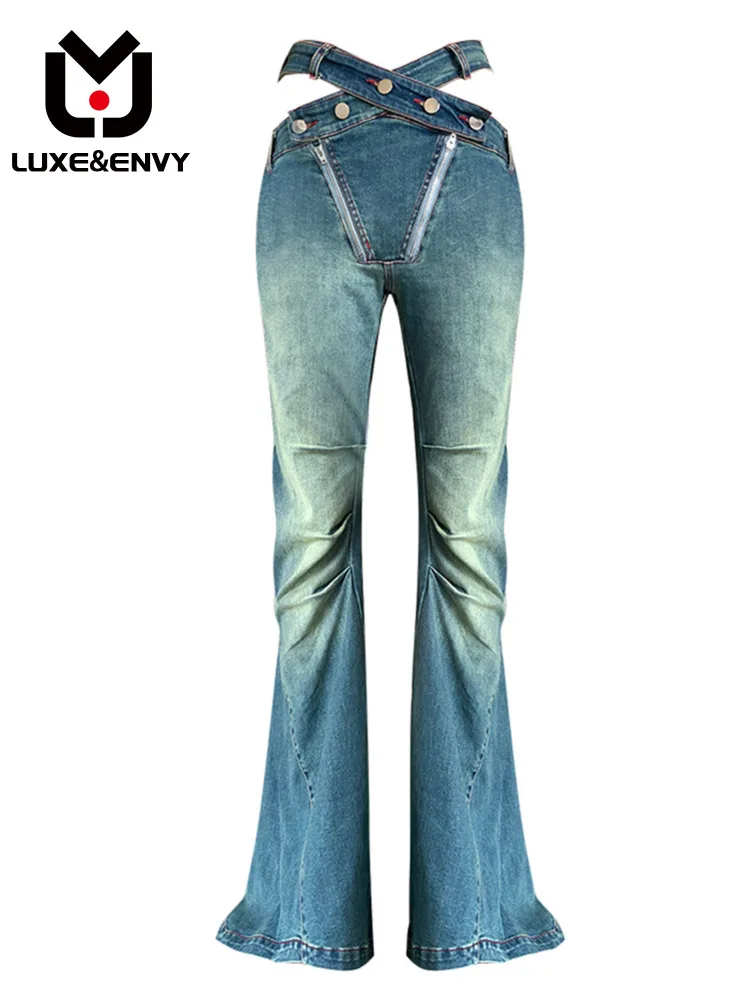 

LUXE&ENVY New Slim Fitting Hollowed Out High Waist Pleated Placket Hot Girl Denim Flared Fashionable Niche Pants 2023 Summer