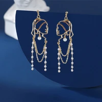 2022 new 925 silver earrings needle french oil painting retro style wearing pearl ear studs unique girl long tassel ear jewelry