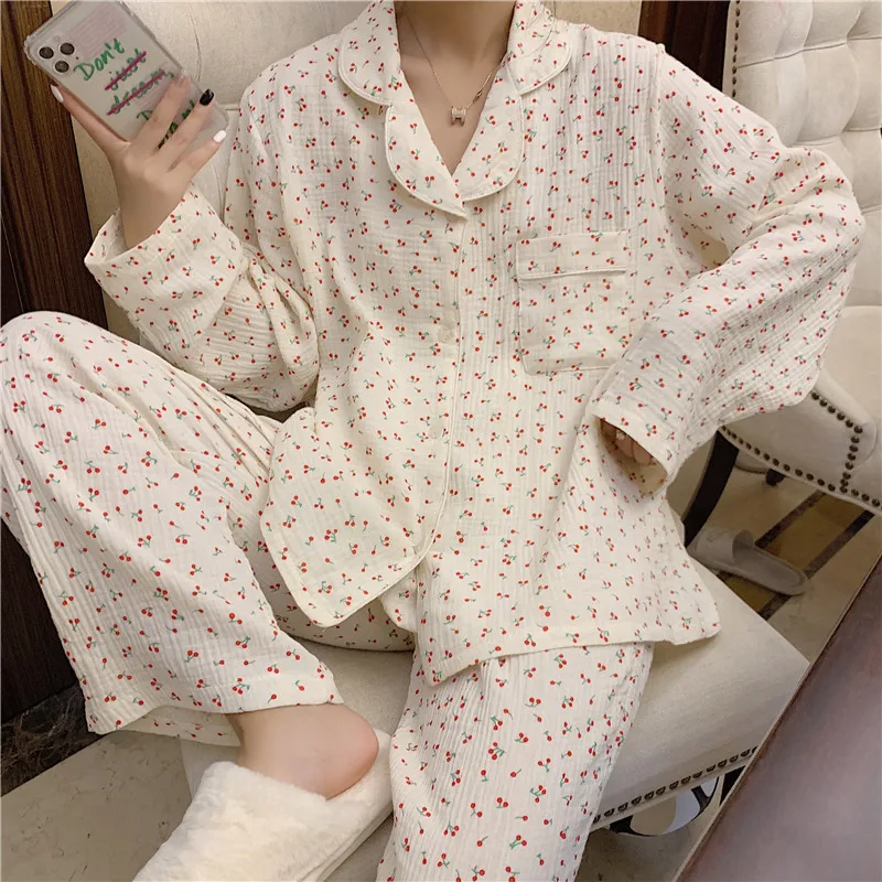 Cotton Hemp Gauze Women Pajamas Set Spring Autumn Long Sleeve Sleep Top Nightgown Korean Version Fashion Loose Home Wear New