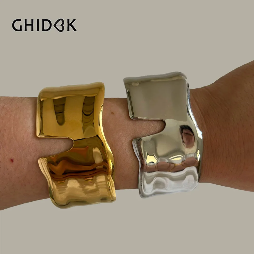 Фото GHIDBK преувеличенный 18-каратный позолоченный нерегулярный геометрический широкий открытый браслет-манжета для женщин и мужчин ювелирные изделия из нержавеющей стали в стиле панк №1