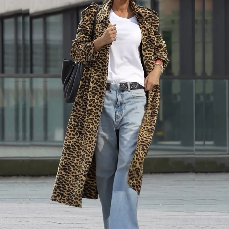 Женский плащ с леопардовым принтом и отложным воротником модные уличные куртки