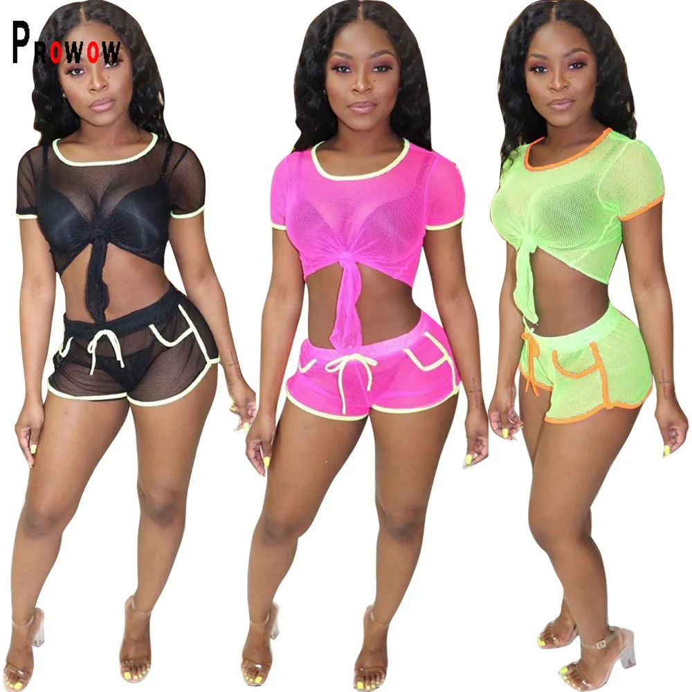 

Prowow Sexy See Through Mesh Women Clothing Set Cropped Tops Shorts Two Piece Tracksuits 2022 New Summer Sporty Female Outfits