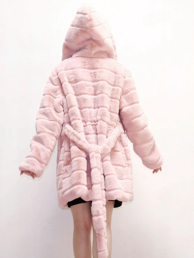 ICCLEK 2019 fur coat women's imitation rabbit fur coat hat belt imitation fur coat