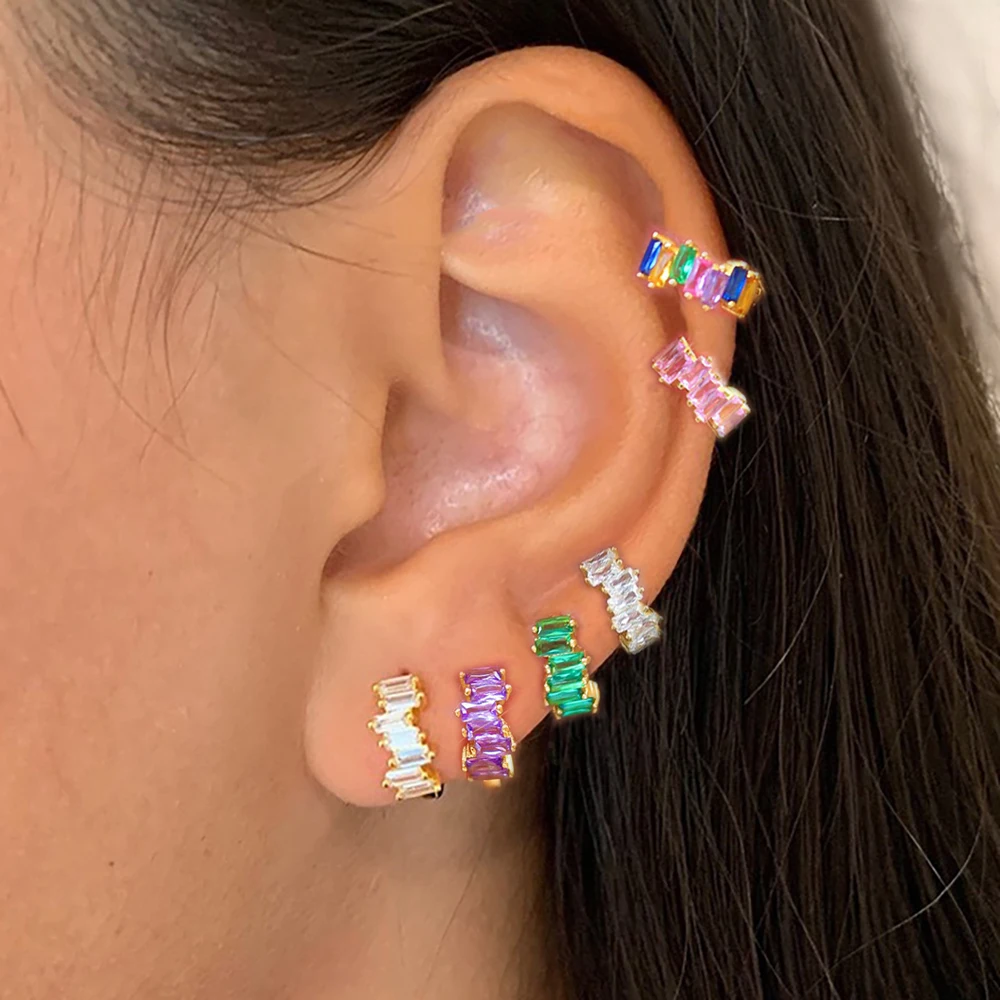 Серьги-кольца Huggie из нержавеющей стали с разноцветным кубическим цирконием для