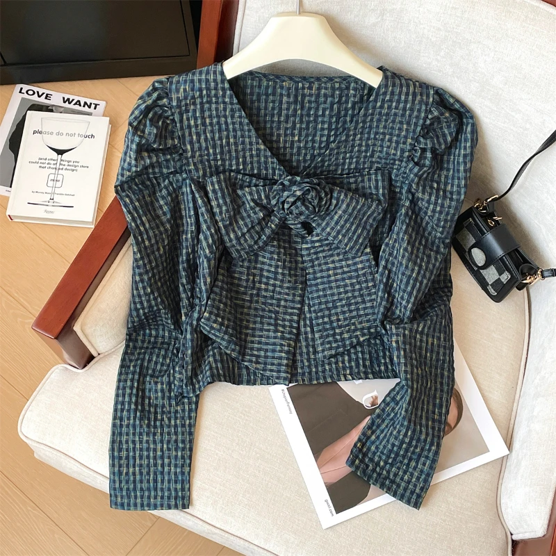 Ранняя осень новая клетчатая рубашка с v-образным вырезом женская верхняя одежда