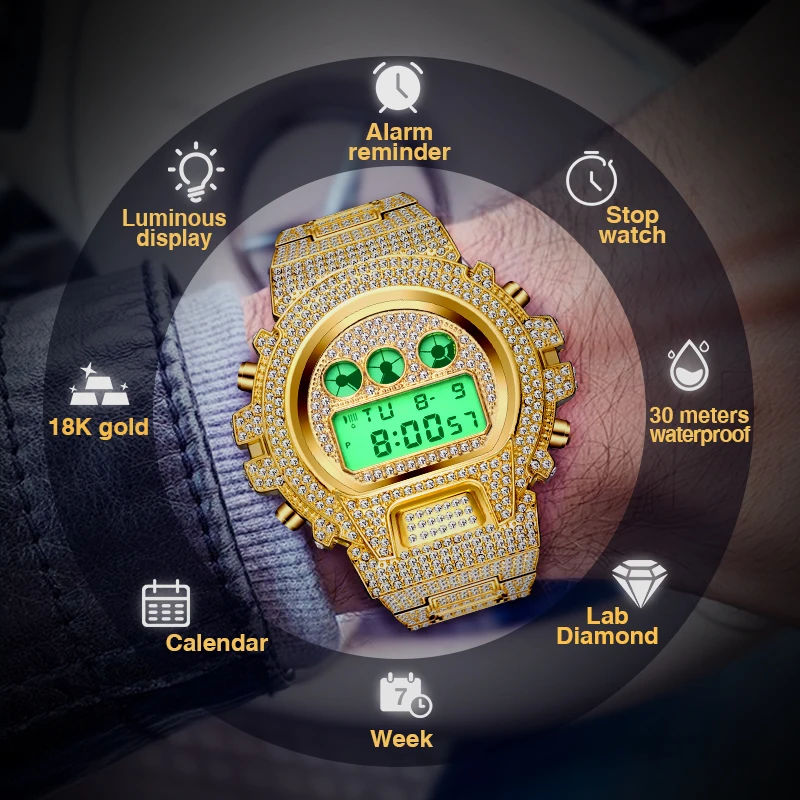 Classic Men Watch Hip Hop Iced Out Stainless Steel Multifunctional Digital Watches Luxury Diamond G Style Shock Resistant Clock