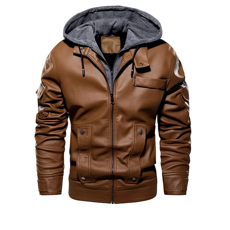 

New Men’s Motorcycle Jacket Autumn Winter Faux PU Leather Jackets Men Hooded Casual Fleece Biker Coat Jaqueta De Couro Masculina