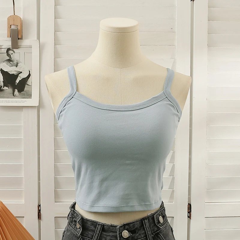 

Women Elastic Cotton Blended Crop Top Basics Casual Sleeveless Camis Female Square Collar Tank Tops With Straps Chest Pad Corset